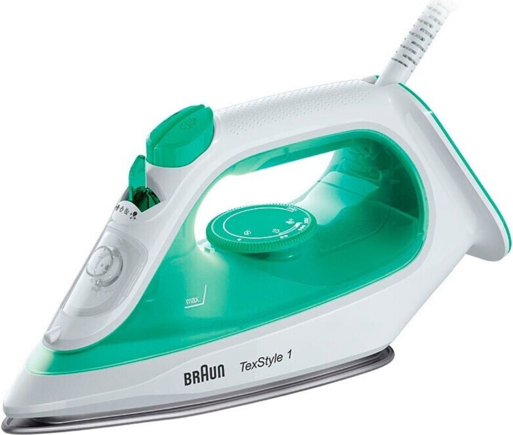 A studio shot of a Braun TexStyle 1 steam iron against a white background.