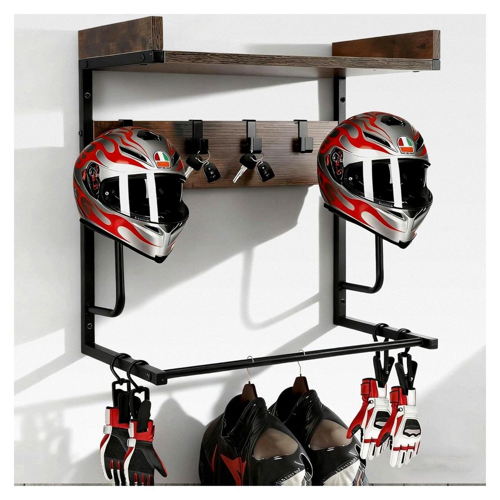Motorradhelmhalter aus Eisenholz - Zahnradregal mit 4 Haken und Klammern