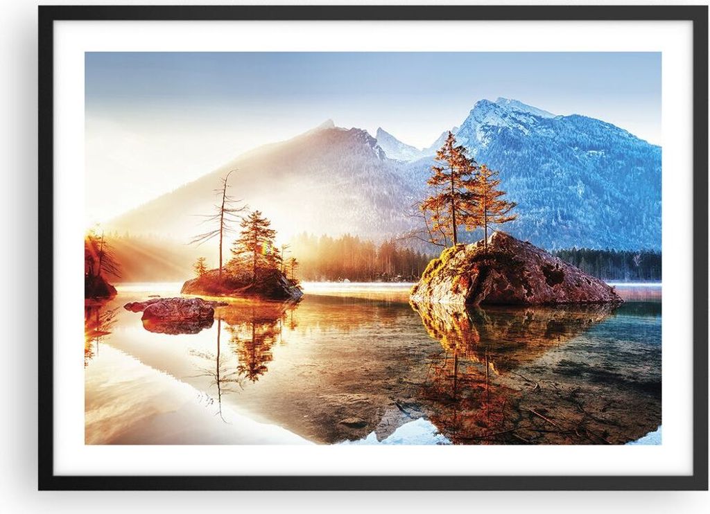 Gerahmtes Poster - Schwarzer Rahmen - Morgendämmerung Berge See - 70x50 cm - Wand Bild - Wanddeko - Wandbilder - Kunstposter - Wandposter - Bilder...