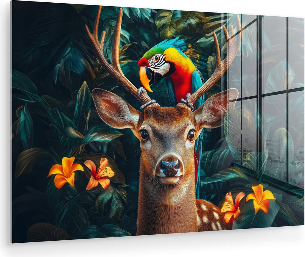 MuchoWow Glasbilder - Bilder auf Wandbild - Foto auf Glas Hirsche - Papagei - Dschungel - Natur - Blumen 120x80 cm Wanddekoration aus Glas - Acrylg...