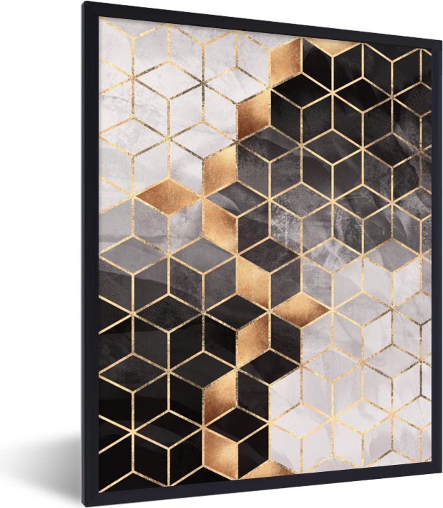 MuchoWow Gerahmtes Poster Abstrakt - Würfel - Gold - Muster - Schwarz - Weiß 60x80 cm - Poster mit Schwarzem Bilderrahmen Wandposter Rahmen Fot...
