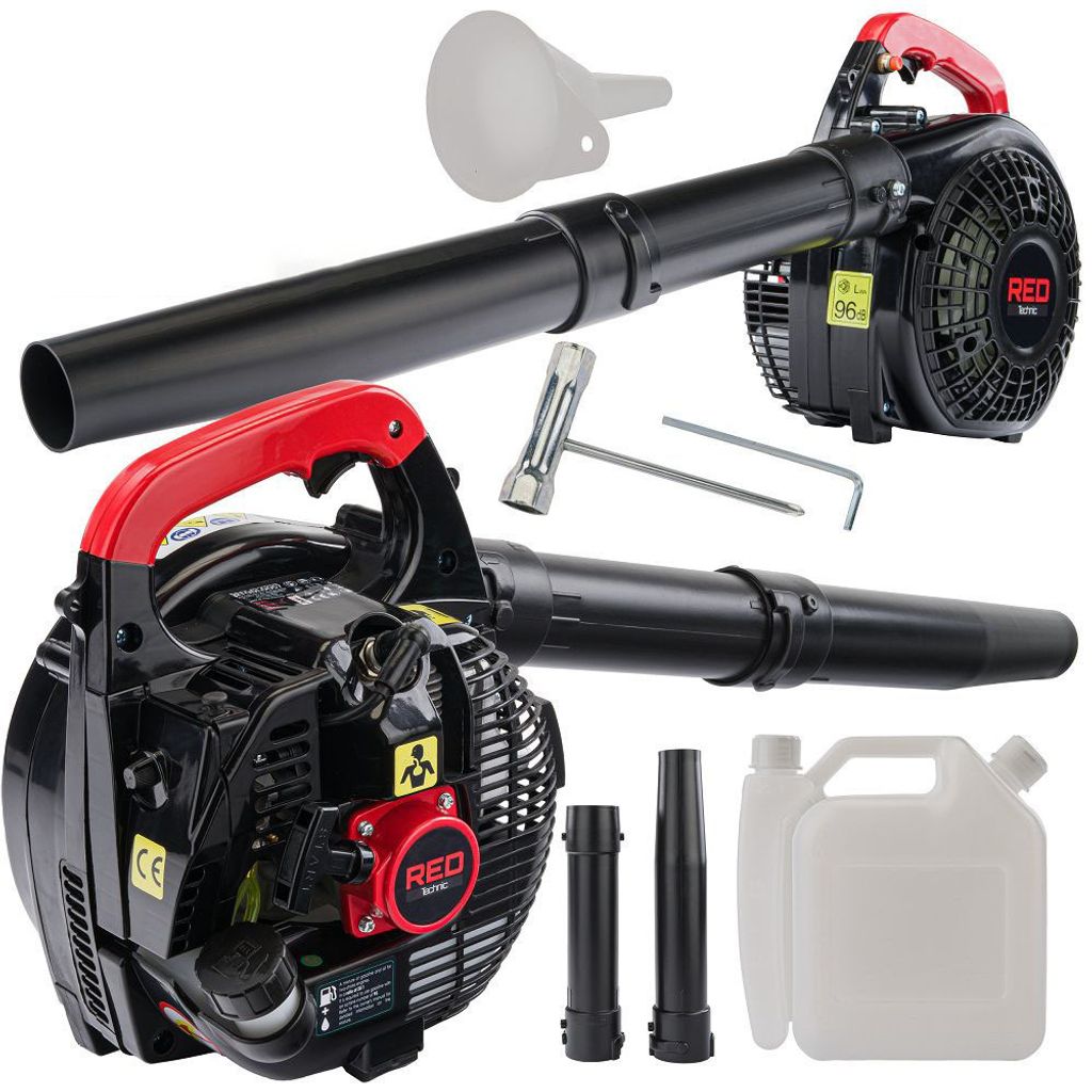 A collection of leaf blower parts and accessories, including two leaf blowers, a funnel, a wrench, and two plastic containers.