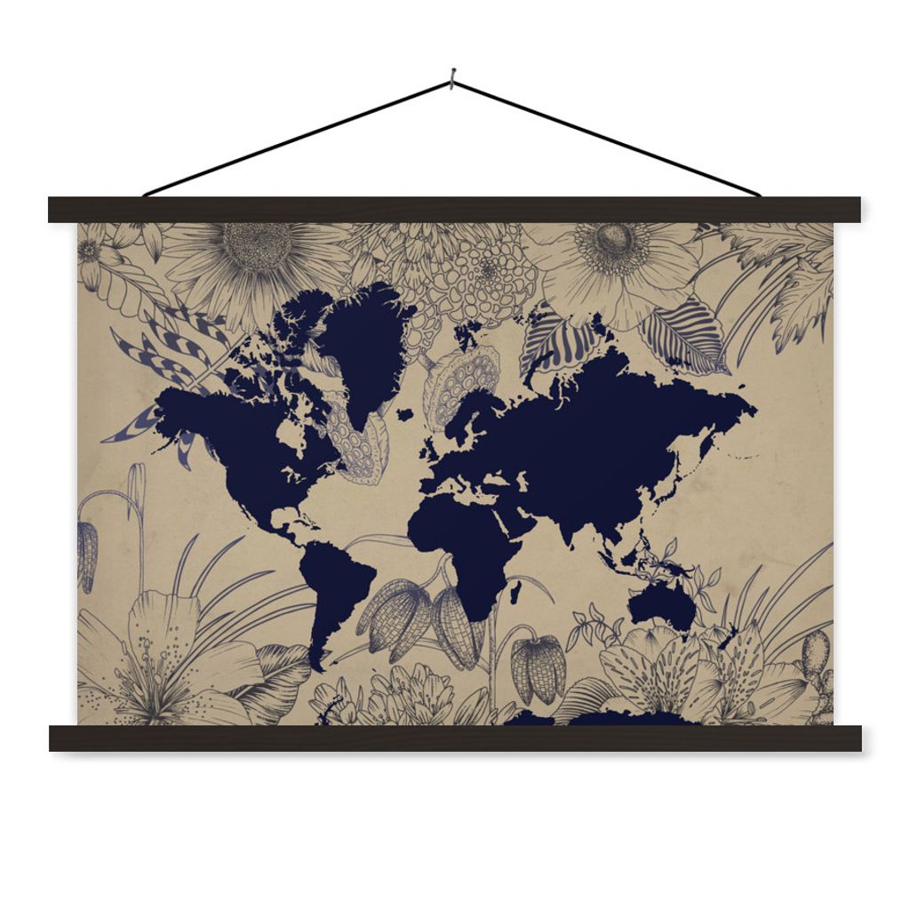 MuchoWow Textilposter Weltkarte - Blumen - Blau 60x40 cm mit schwarzem Rahmen - Hölzernes