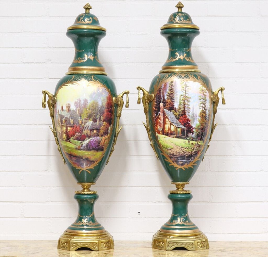 Casa Padrino Deko Vasen Grün / Gold 30 x H. 100 cm - Barockstil Porzellan Vasen Set