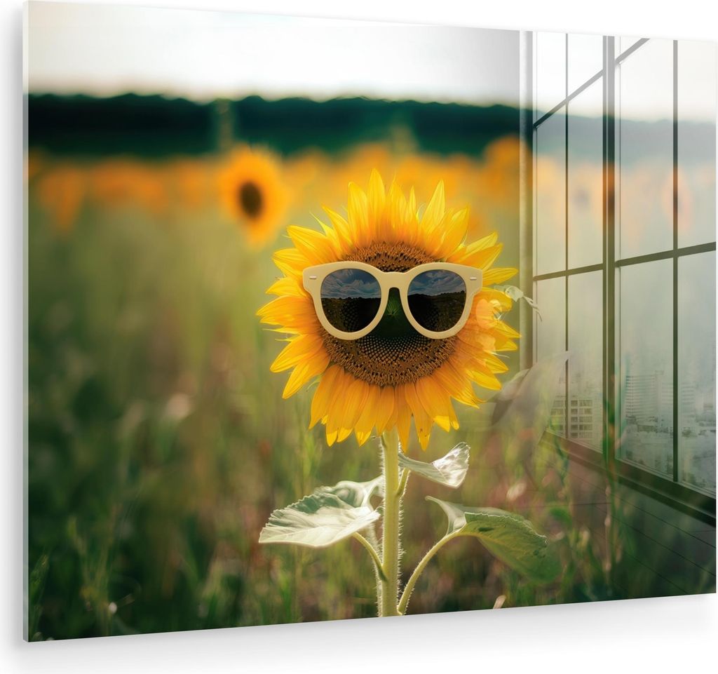 MuchoWow Glasbilder - Bilder auf Wandbild - Foto auf Glas Sonnenblume - Feld - Sonnenbrille 80x60 cm Wanddekoration aus Glas - Acrylglasbild - Acry...