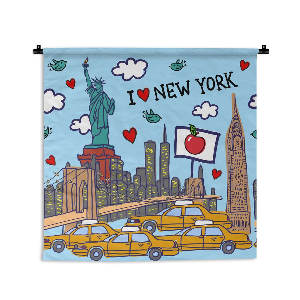 MuchoWow Wandteppich Wandbehang New York - Zeichnung - Brücke 150x150 cm Tapisserie Dekoration Wandtuch - Wohnaccessoires - Modernes