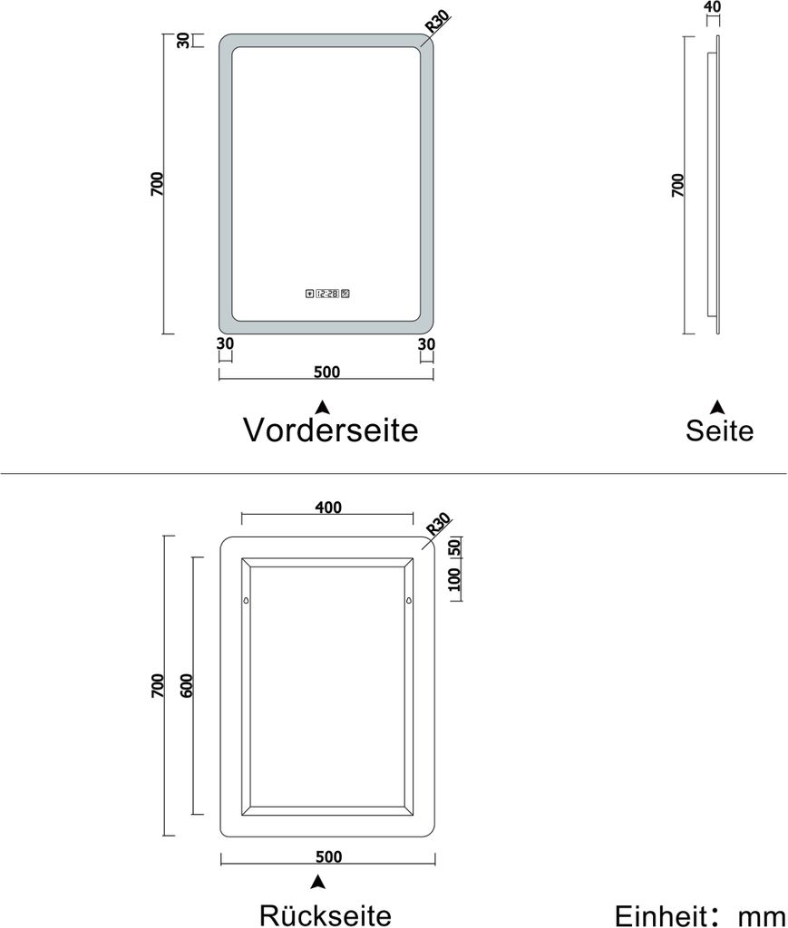 LED Badspiegel 50×70cm Wandspiegel mit Uhr, Touch, Produktbild 7