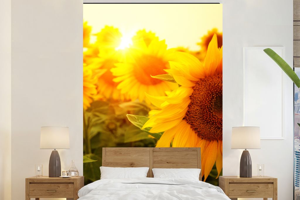 MuchoWow Fototapete für Wohnzimmer oder Schlafzimmer Wandtapete Vinyl Motivtapete Sonnenblume - Gelb - Blumen - Sonne - 200x300 cm - Wanddekorat...