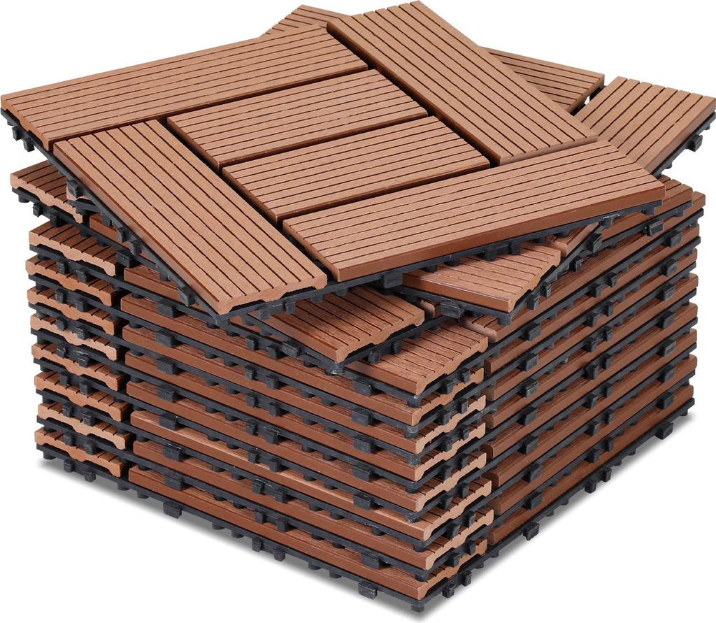 Vigevee WPC Terrassenfliesen 33er Spar Set für 3m², 30x30 cm, Braun in Holzoptik, für Garten Balkon Bodenbelag mit Drainage und Klicksystem