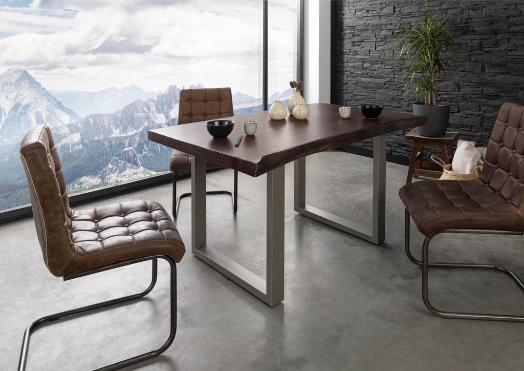 MASSIVMOEBEL24 Baumtisch Akazie 140x90x77 braun lackiert / U-Beine silber matt FREEFORM 5