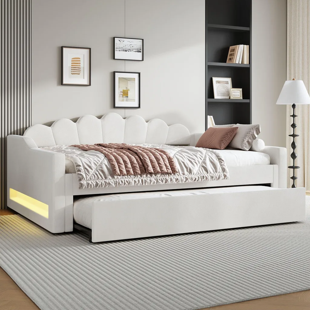 Lit Gigogne 140x200 pour Chambre d'Amis, Design Velours Beige et LED