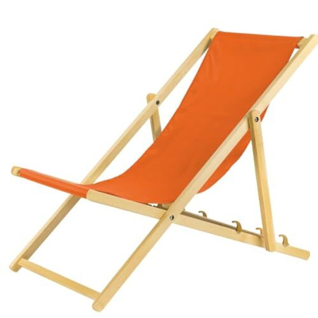 An orange fabric deck chair with a wooden frame, shown against a white background.