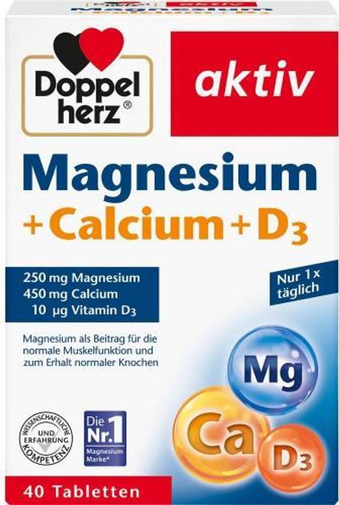 A product box for Doppelherz Magnesium + Calcium + D3 tablets.