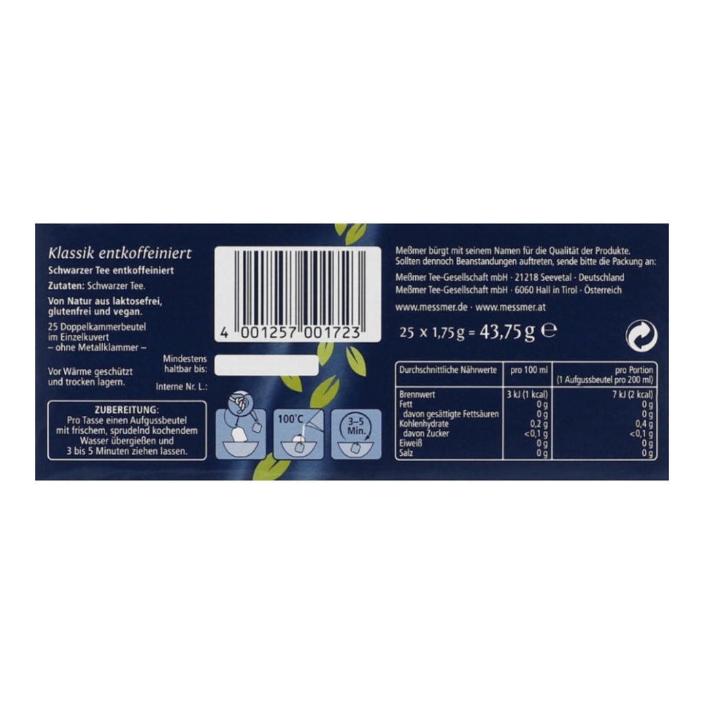 Meßmer Klassik thé noir décaféiné finement aromatique 43g Image du produit 