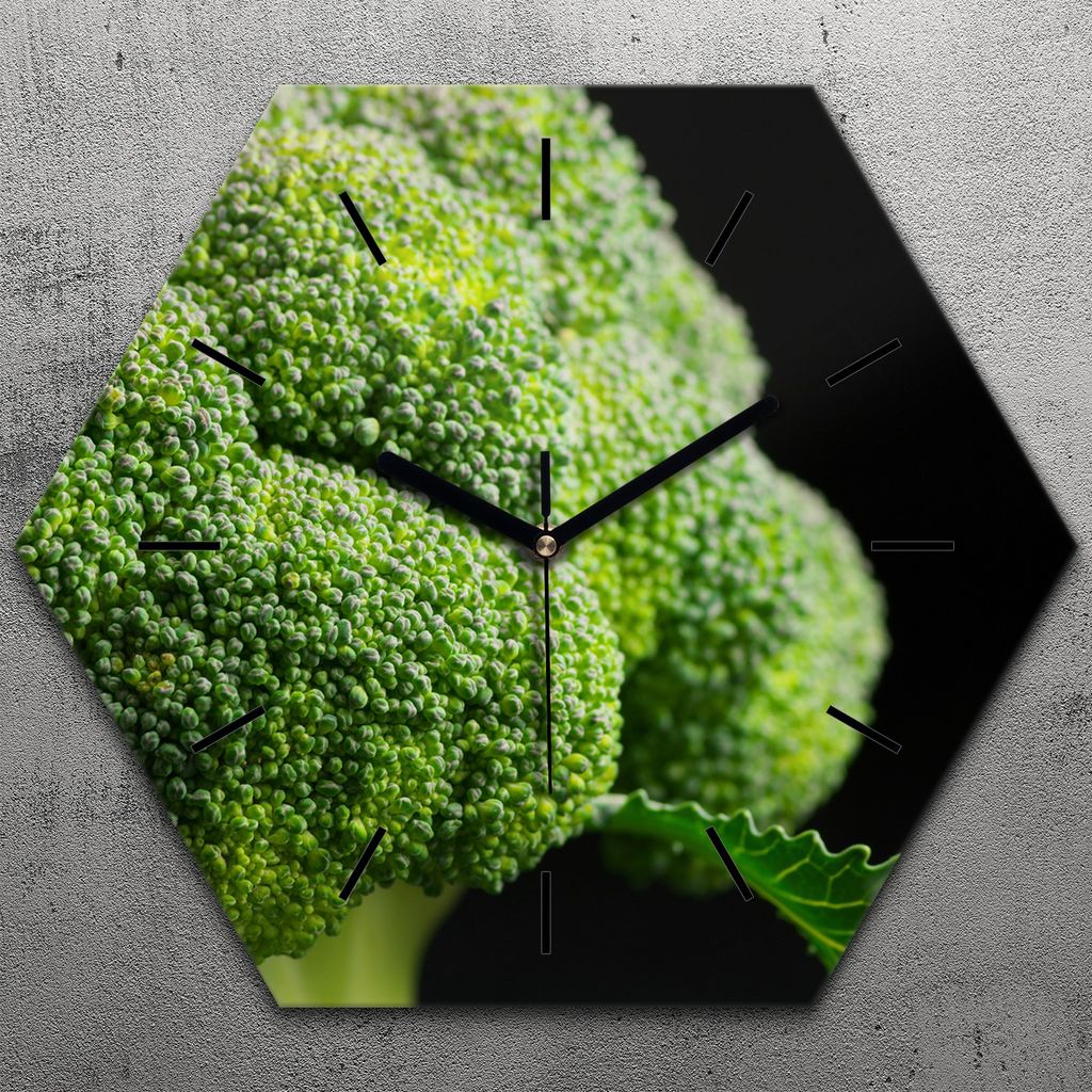 Uhr hexagonal 40 cm Glas Geräuschlos schwarze Zeiger - Gemüse Brokkoli
