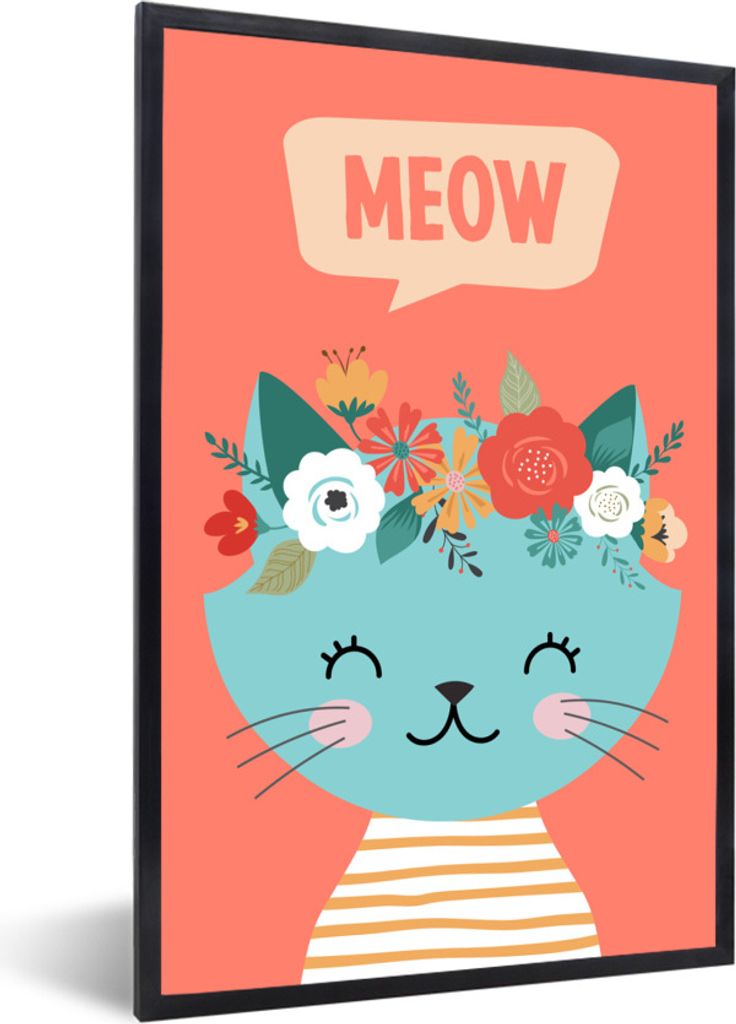 MuchoWow Gerahmtes Poster Katze - Blumen - Blau 40x60 cm - Poster mit Schwarzem Bilderrahmen Wandposter Rahmen Foto Bilder - Papierdruck - Wandbi...