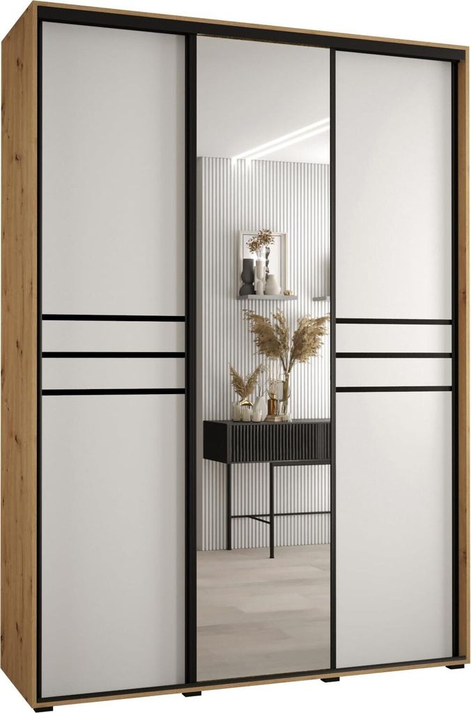 MEBLE KRYSPOL Cannes 11 Schrank mit 3 Schiebetüren - 205,2x180x60 cm - Artisan Weiß Schwarz
