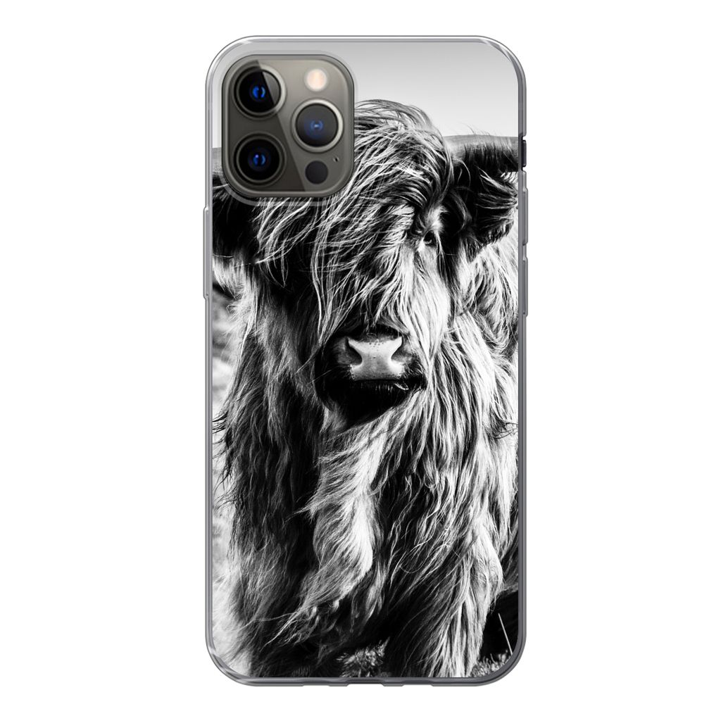 MuchoWow Handyhülle Schutzhülle Hülle für iPhone 13 Pro Schottischer Highlander - Natur - Kuh - Schwarz - Weiß Silikon Softcase Handy Hülle...