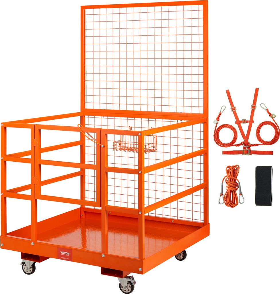 An orange safety cage with wheels and safety harnesses, ropes, and a black pouch.