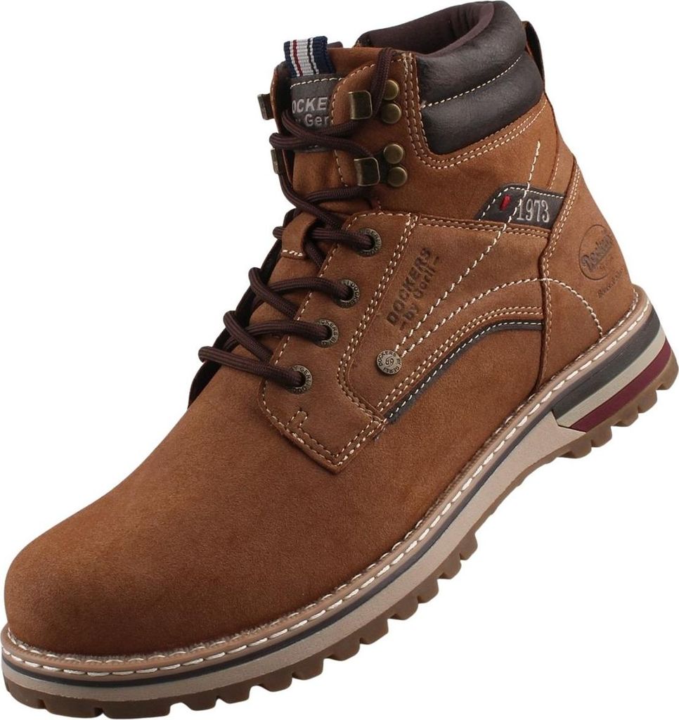 A single brown leather boot is shown against a white background.