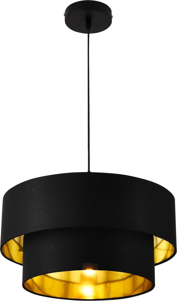 A black and gold pendant light fixture against a white background.
