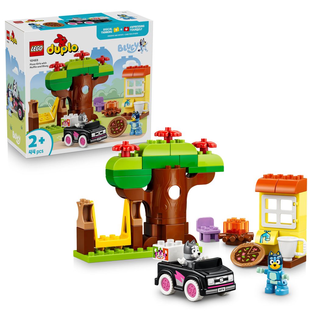 LEGO DUPLO Bluey Pizza-Schwestern mit Muffin und Bluey - Motorikspielzeug für Kleinkinder - Montessori Set mit Auto, 2 Figuren, Baum & Schaukel - ...