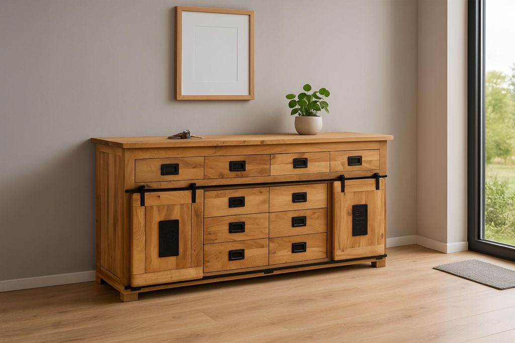 Sideboard Libro III, Akazienholz massiv + naturfarben, Kommode mit 2 Holzschiebetüren, 10 Schubladen & 2 offenen Fächern, Türelemente, Griffe & ...