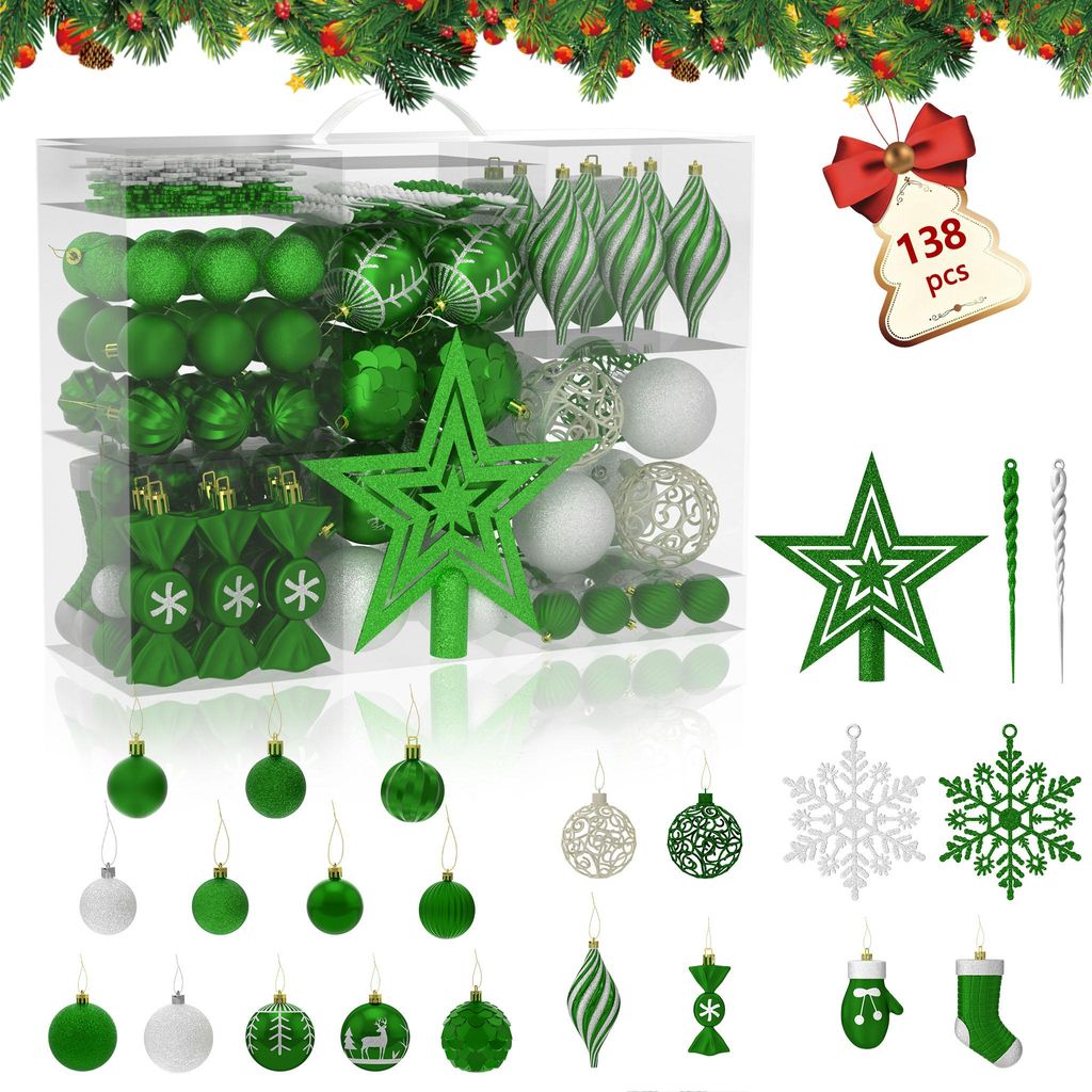 Sessamen-LP Weihnachtskugeln 138tlg Set Christbaumschmuck Kunststoff mit Stern Spitze Christmas Decorators Aufhängen Christbaumkugel (Dunkelgrün)