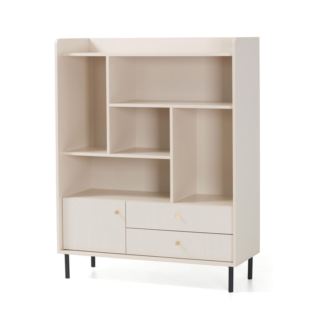 Bücherregal GLORIA Standregal mit 2 Schubladen und 1 Tür und offenen Regalen, Sand Beige, Moderner Stil