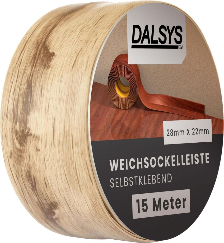 Dalsys Weichsockelleiste selbstklebend Gebleichte Eiche 15m Klebeleiste, Abschlussleiste für Fugen in Wohnbereich, Küche, Bad, aus PVC Kunststoff