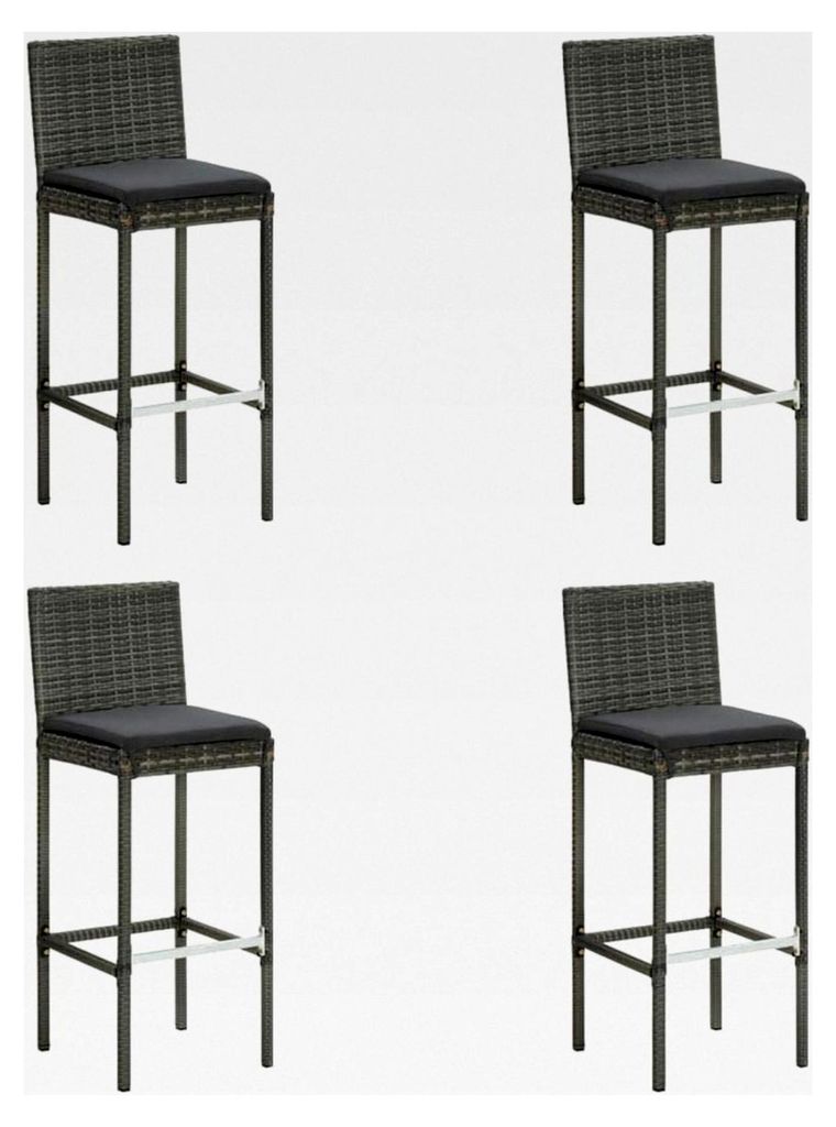 Garten-Barhocker Set, 4 Stück, Grau Poly Rattan, pulverbeschichteter Stahlrahmen, 40x44x108 cm, witterungsbeständig, mit Kissen, modern für Küc...