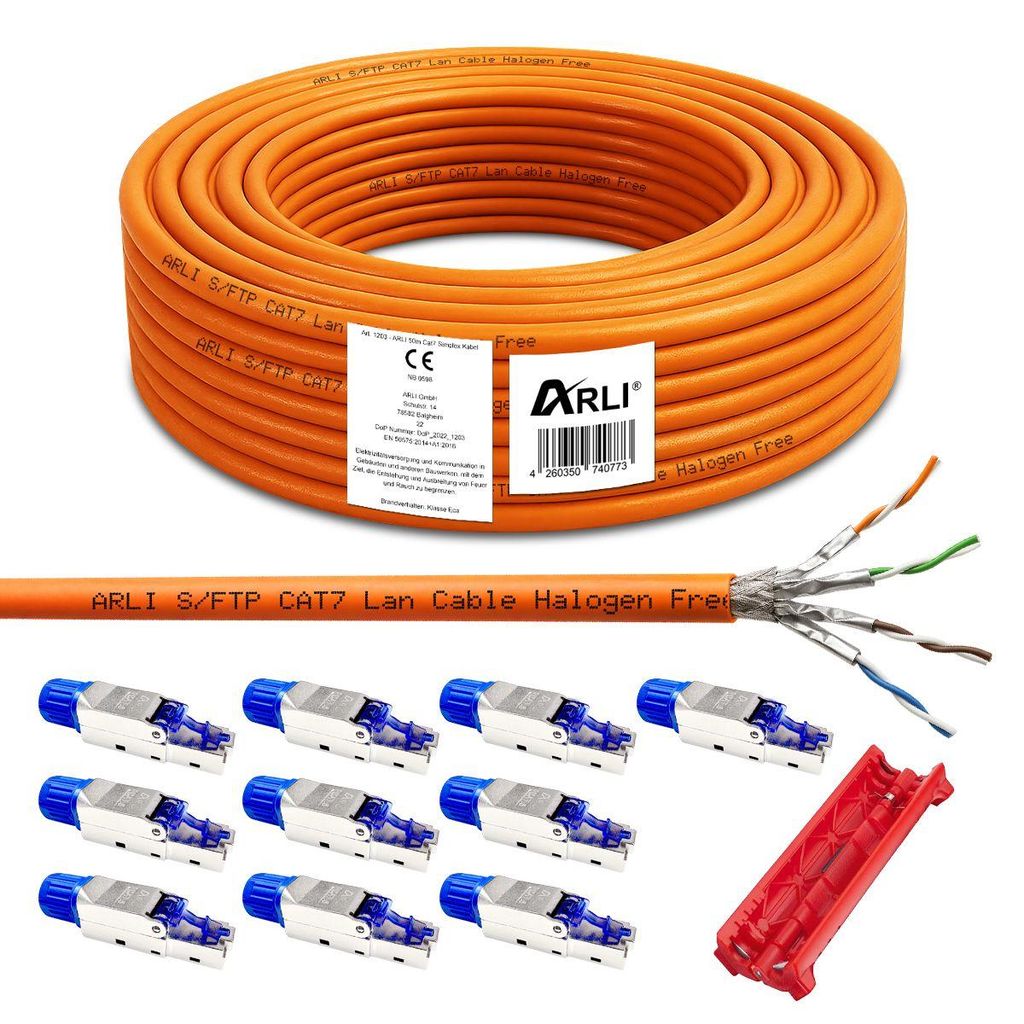 ARLI Cat7 50 m Verlegekabel S/FTP LSZH + 10x RJ45 Netzwerkstecker Cat8.1 werkzeuglos + Abisoliermesser Ethernet LAN
