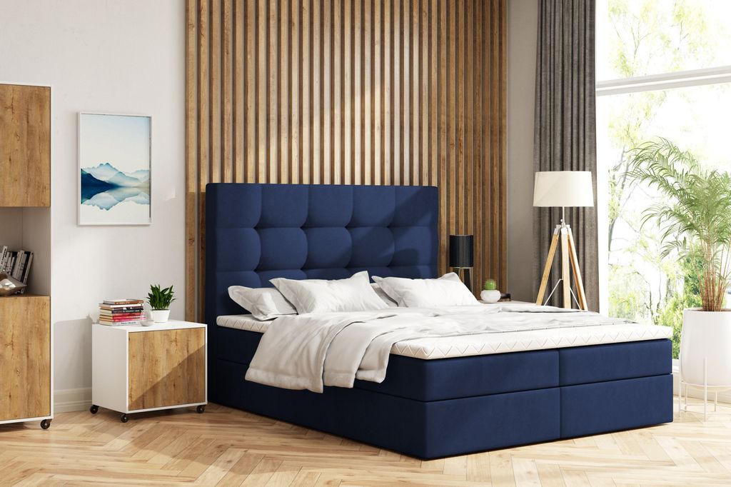 MTJMöbel Kontinental bett FRIDA 160x200 mit zwei Behältern für Bettwäsche + Bonell Matratze H3 MIT TOPPER T-25 - Samtstoff KRONOS 09 Marineblau