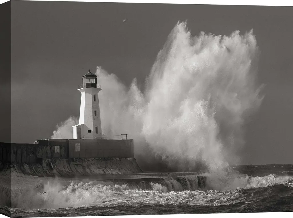 Décoration murale : tableau phare et vagues noir et blanc 60x40cm