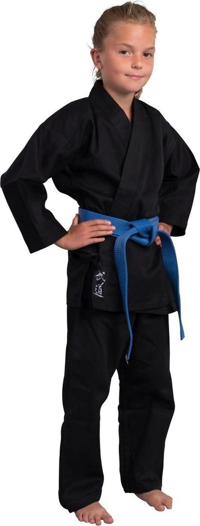 TEKKA BUDO Kinder Karateanzug Kidoka II schwarz - Leichtes Kids Modell 8 oz Baumwolle - Karate Gi Set - Jacke Hose Gürtel - Einsteiger Anzug - 150 cm