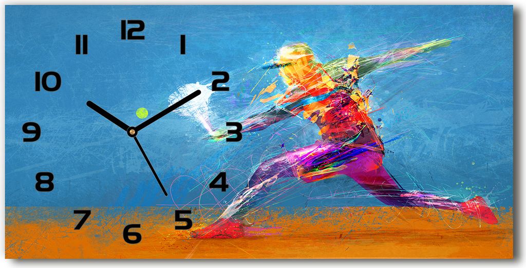 Wanduhr aus Glas – 60x30 cm - Glasbild - Glasuhr - Gehärtetes Glas - schwarze-zeiger - Tennisspieler