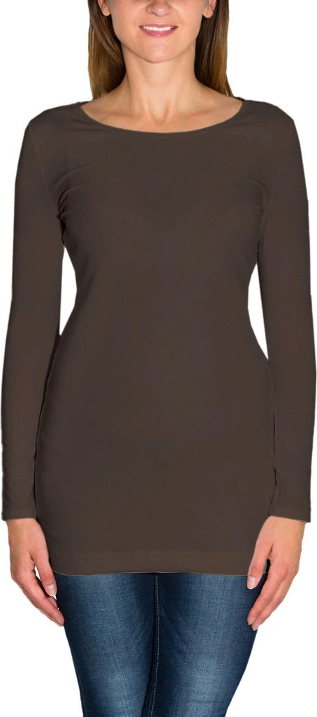 Alkato Damen Langarm Longshirt Langarmshirt Tunika Basic Shirt, Farbe: Braun, Größe: M