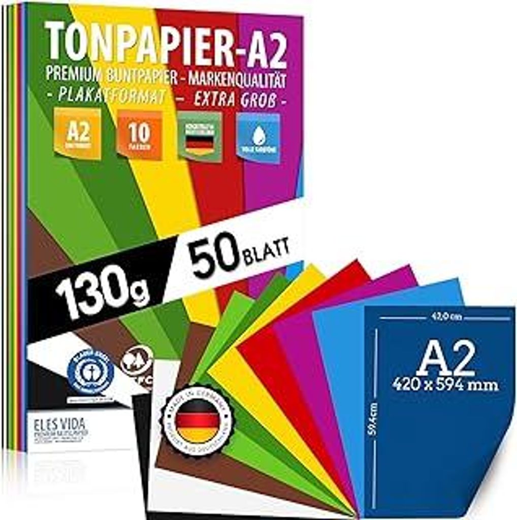 50 Blatt BUNTES PAPIER DIN A2-130g/m² Tonpapier Set 10 Farben - Bastelpapier & Farbige Blätter Pappe, Kinder & DIY, Zubehör zum Basteln, Fotoalb...