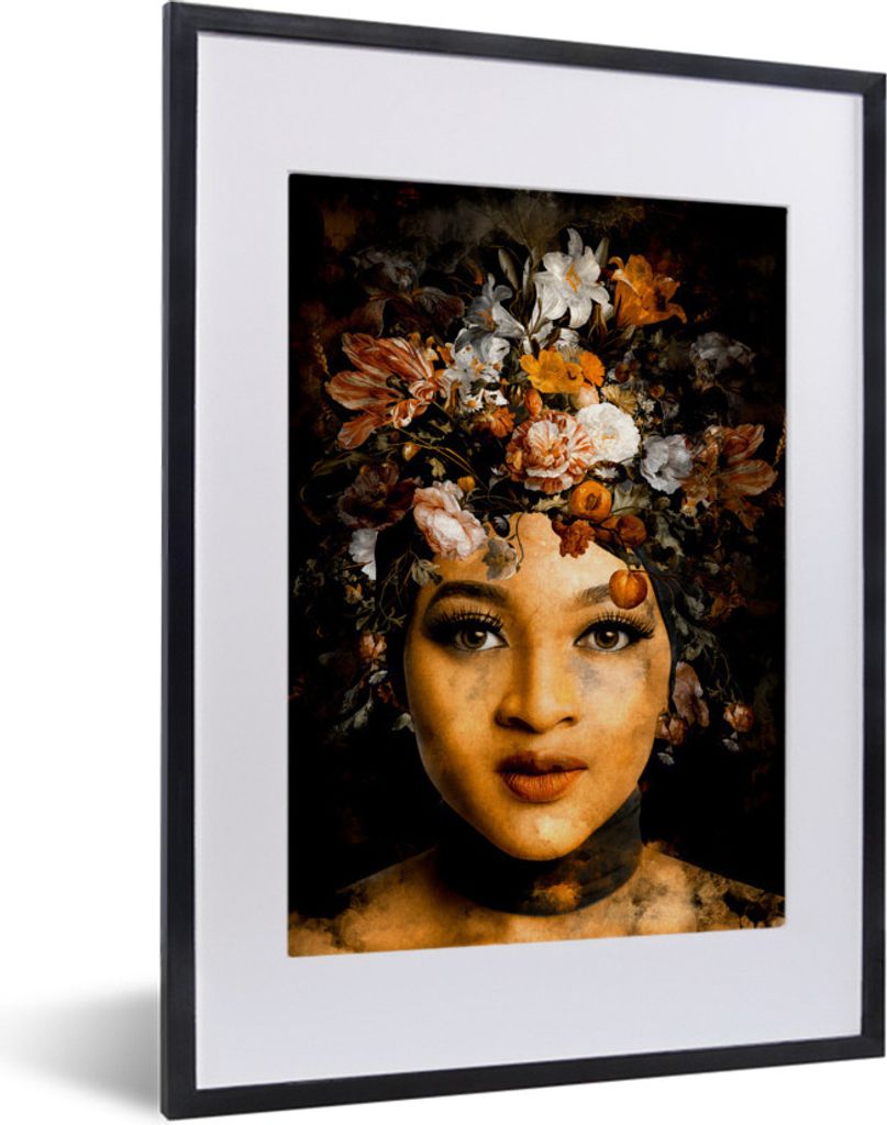 MuchoWow MuchoWow Gerahmtes Poster Frauen - Blumen - Gold 30x40 cm - Poster mit zchwarzem Bilderrahmen - Wandposter Schlafzimmer
