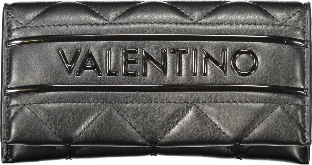 A close-up, front-facing studio shot of a black Valentino wallet.
