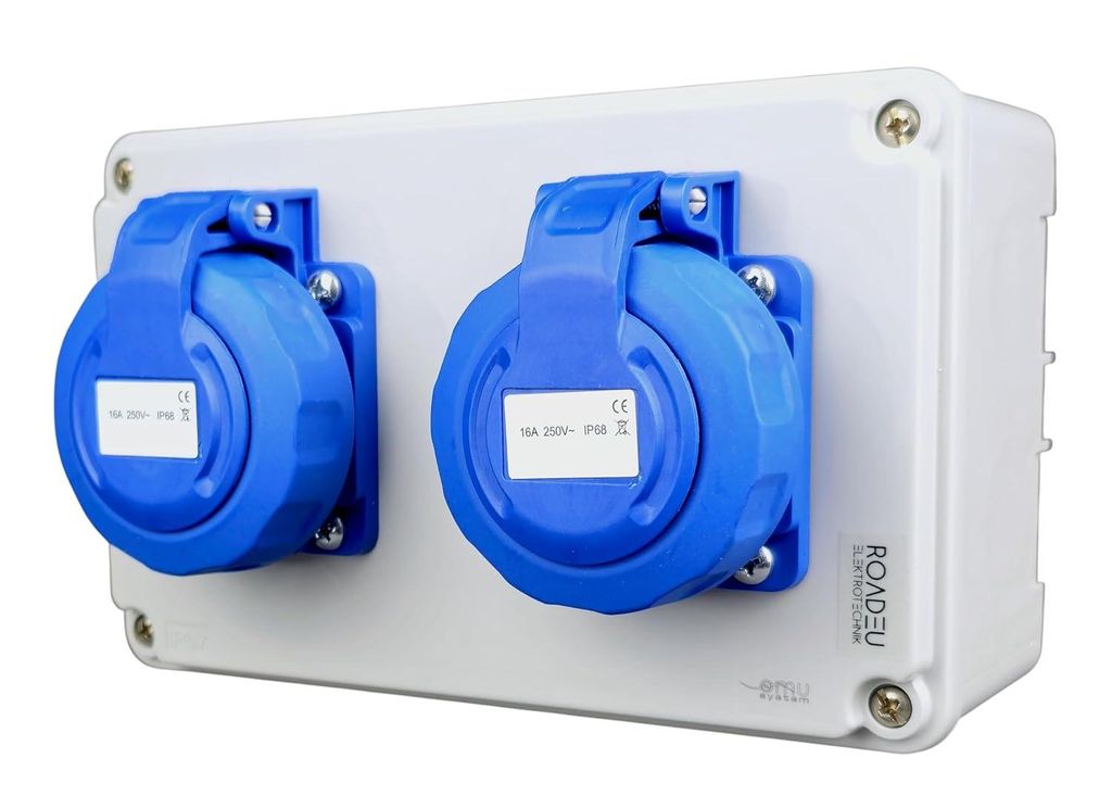RoadEu – Steckdosenverteiler 2x Schuko 230V, Stromverteiler 16A IP67 Wasserdicht, Außensteckdose mit Abdeckung