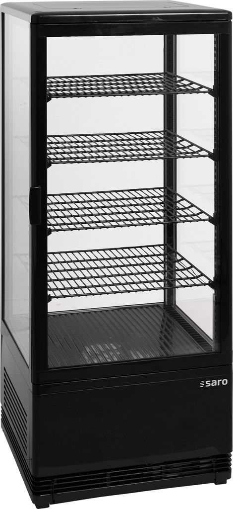 A black commercial display refrigerator with glass doors and multiple shelves.