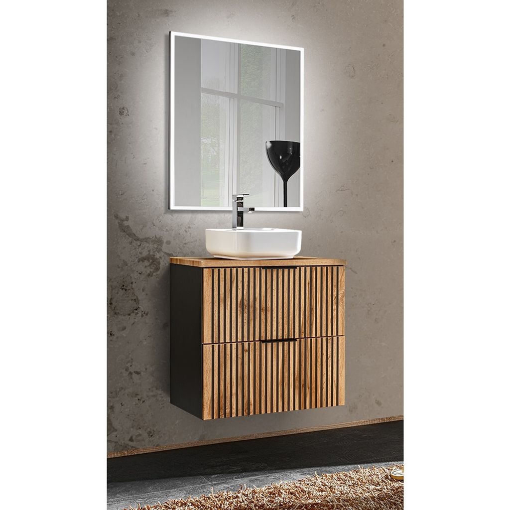 Waschplatz Set Gäste WC Waschtisch Unterschrank 60 cm Spiegel XANTEN-56 in anthrazit mit Eiche Nb. schwarz gerillt, B/H/T: 60,6/200/46,5 cm