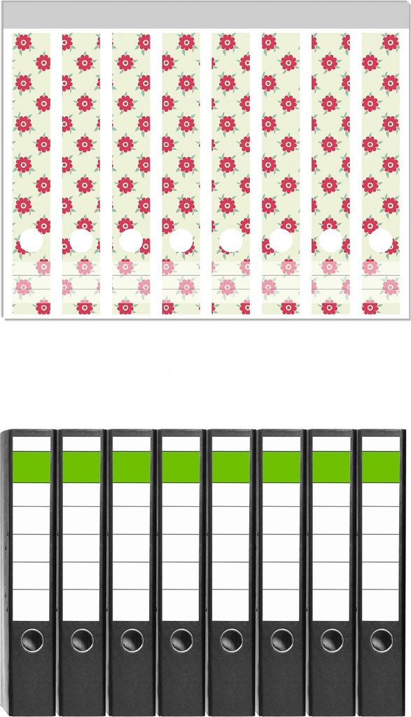 Wallario 8 Stück schmale Ordner inkl. Klebeetiketten mit Motive Muster mit Blüten und Blättern - Set mit Rückenschildern / Ordnerrücken Stickern
