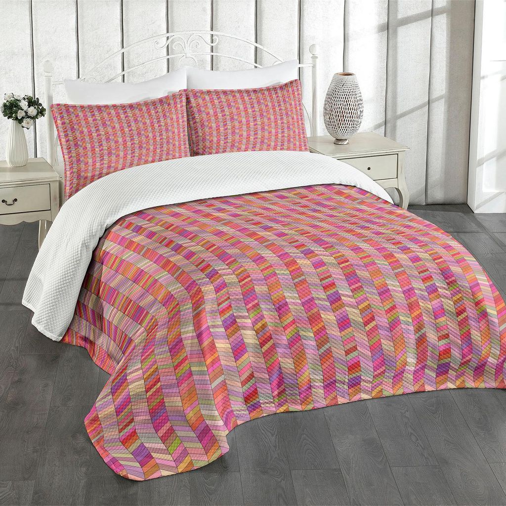 ABAKUHAUS Winkel Tagesdecke Set, Rainbow Colored Abgewinkelte Rechteck Zusammensetzung Eckig Polygon Anordnung Drucken, 220 x 220 cm, Mehrfarbig