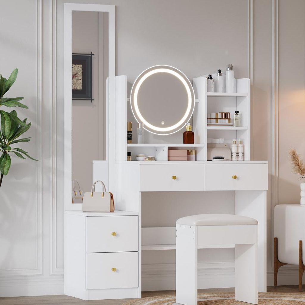 r 4-in-1 Schminktisch mit drehbarem Spiegel, Ganzkörperspiegel & LED-Beleuchtung, inkl. Hocker & Stauraum, Weiß, 109x36x164 cm