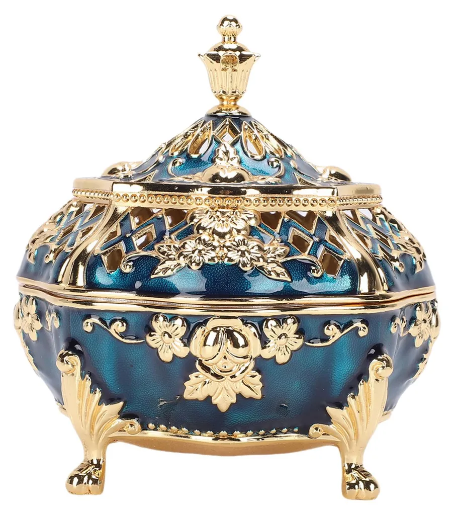Porte-encens déco pour salon, style ancien bleu et or en métal ciselé