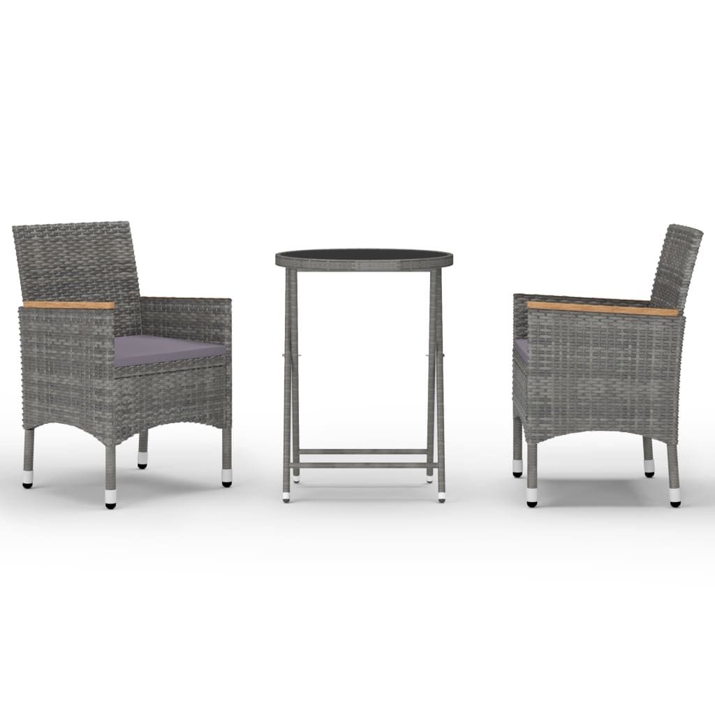"2026 Aktion" 3-tlg. Bistro-Set - elegantes Design - Sitzgruppe/Tisch+ Stuhl - Poly Rattan und Hartglas Grau - Terassenmöbel NeuMöbel162926
