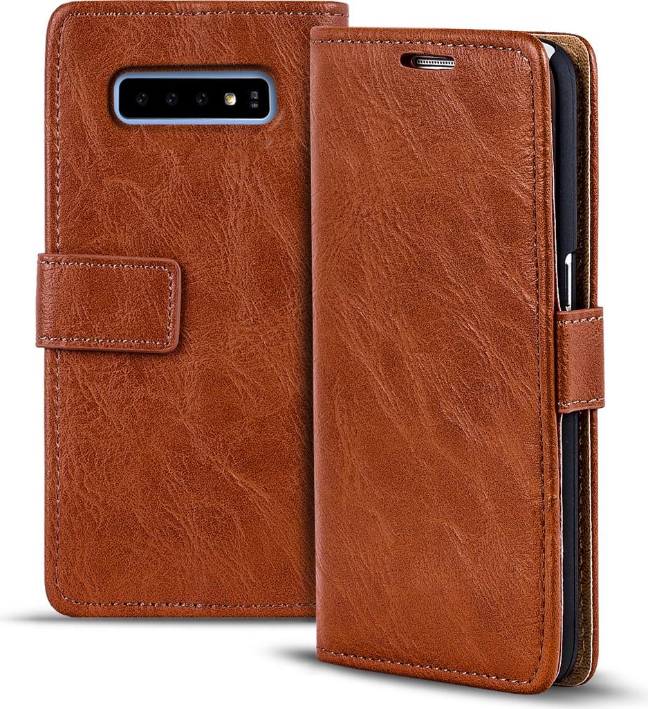 A brown leather wallet case for a smartphone is shown.