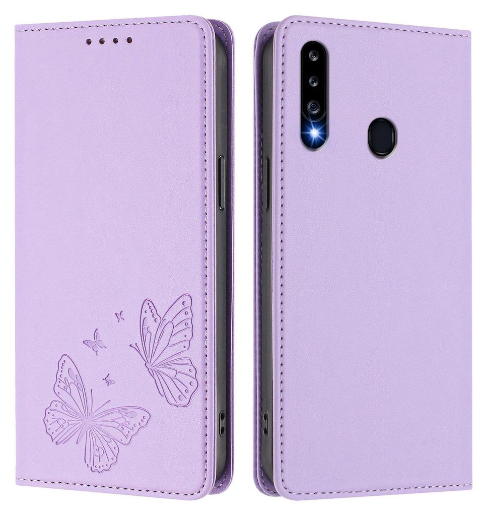 Lederhülle für Samsung Galaxy A20S, Schmetterling Prägung Leder Brieftasche Schutzhülle mit Ständer Violett